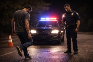 Driver performing a field sobriety test during a Missouri DUI investigation at night. B Block Law DWI Lawyer Missouri Chesterfield and St Louis