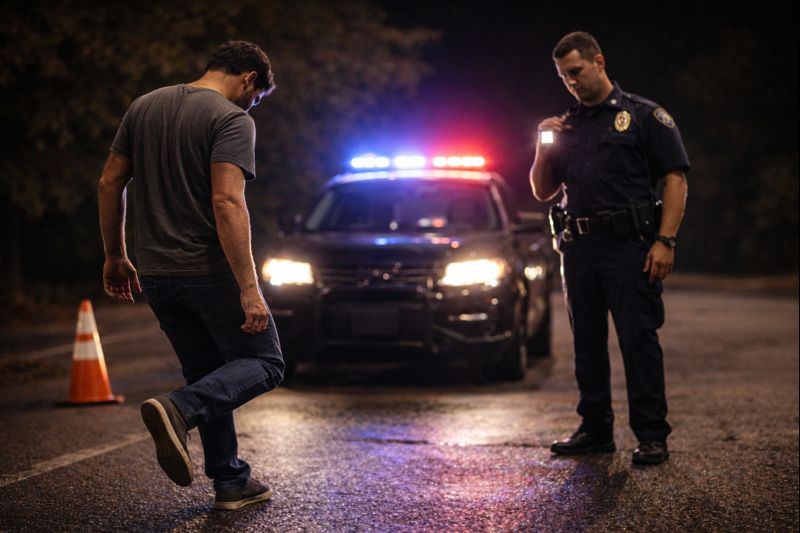 Driver performing a field sobriety test during a Missouri DUI investigation at night. B Block Law DWI Lawyer Missouri Chesterfield and St Louis