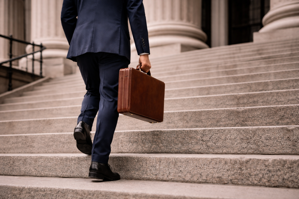 Criminal defense attorney walking up courthouse steps carrying a briefcase, symbolizing legal representation in Missouri criminal cases. from B Block Law LLC your st ouis and chesterfield mo criminal defense attorney